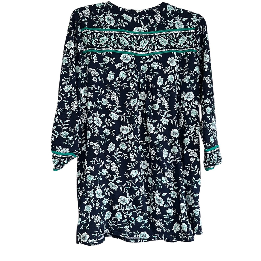 J Jill Wearever Collection Petite M Navy Floral Print V Neck‎ Tunic Top Coastal